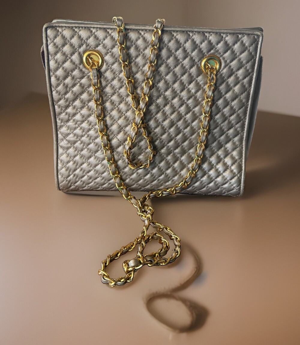 Vintage Ganson San Francisco Metallic Pewter Leather Quilted Chain Shoulder Bag